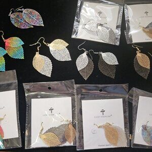 24 Pairs Skeleton Leaf Earrings Bulk Lot Rainbow Peacock Gold Silver Dangle